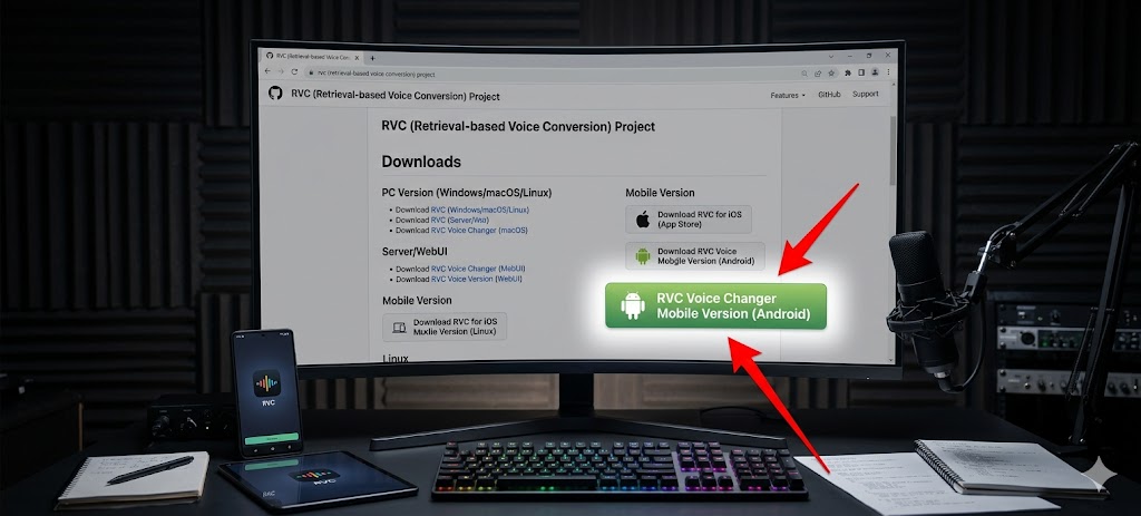 Ultra-realistic screenshot of RVC official website download page, with a red arrow pointing to the "RVC Voice Changer Mobile Version (Android)" download button, cinematic lighting highlighting the button, professional photography, 8k detail-rich